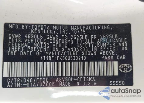 2016 Toyota Camry Se из США, поврежденный, VIN 4T1BF1FK5GU533210